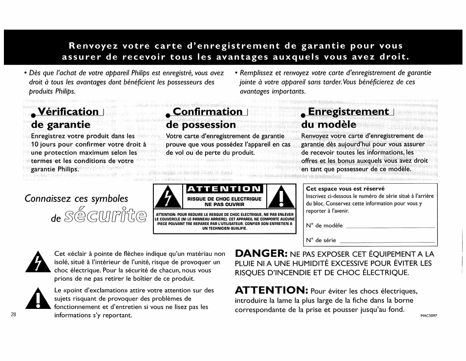 Vérification i de garantie, Confirmation i de possession, Enregistrement i du modèle | Vérification, De garantie, Confirmation, De possession, Enregistrement, Du modèle, Danger | Philips FW555C37 User Manual | Page 28 / 80