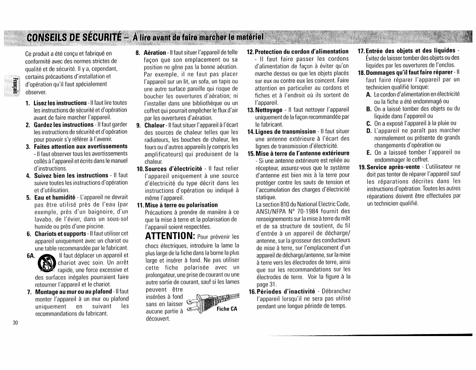 Consëtlis de sécurité, Avaàt le faire marcher le matériel, Attention | Philips FW555C37 User Manual | Page 30 / 80