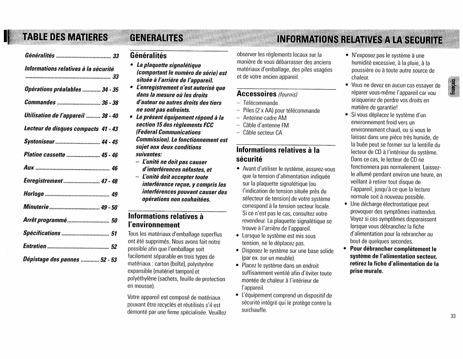 Table des matieres generalites, Généralités, Informations relatives à l'environnement | Accessoires (fournis), Informations relatives à la sécurité, Informations relatives, L'environnement, Accessoires | Philips FW555C37 User Manual | Page 33 / 80