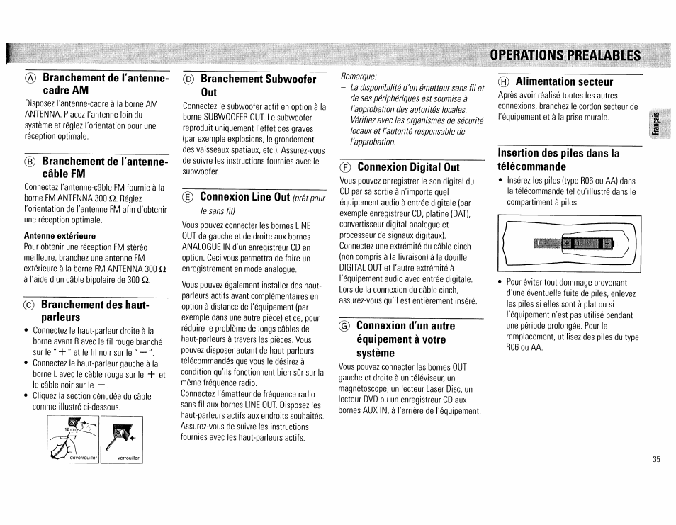 Branchement de l'antenne- cadre am, D branchement de l'antenne- câble fm, C) branchement des haut- parleurs | Branchement subwoofer out, Connexion line out, 0 connexion digital dut, 0 connexion d'un autre équipement à votre système, Operations prealables 0 alimentation secteur, Insertion des piles dans la télécommande | Philips FW555C37 User Manual | Page 35 / 80