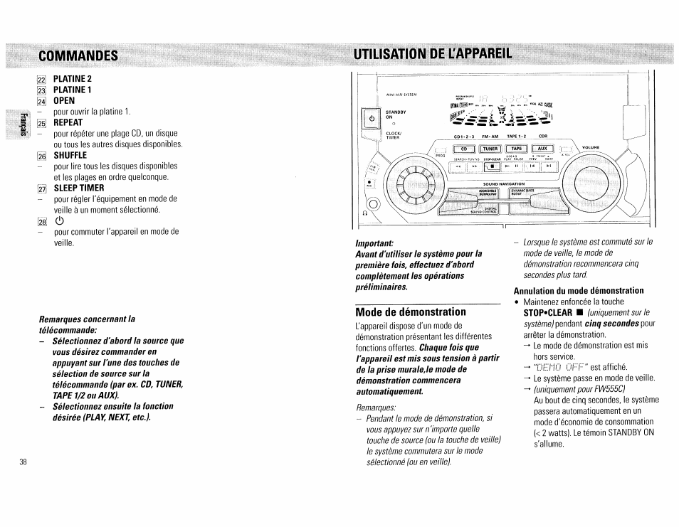 Mode de démonstration, Commandes utilisation de l'appareil | Philips FW555C37 User Manual | Page 38 / 80