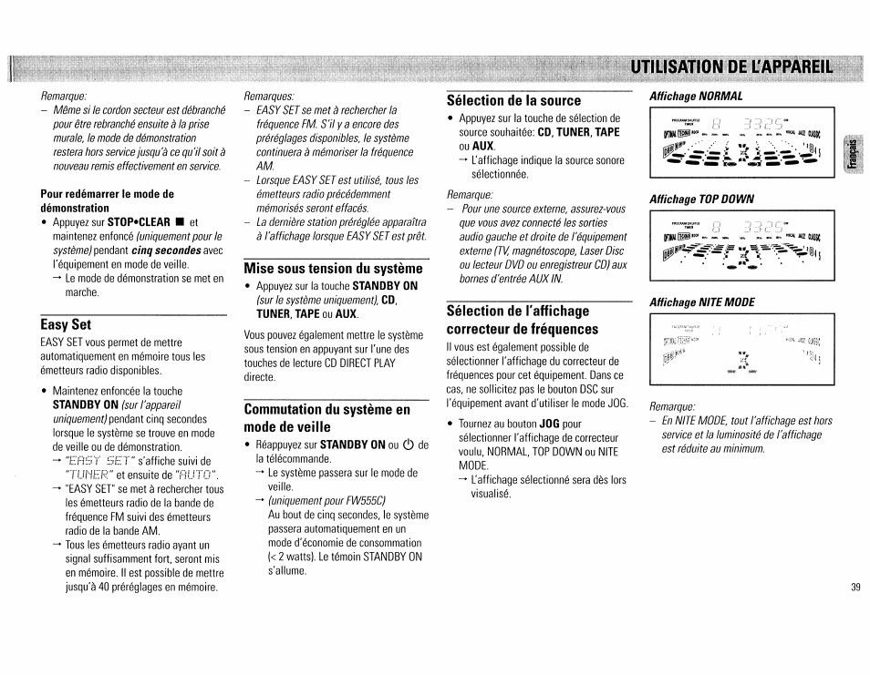 Easy set, Mise sous tension du système, Commutation du système en mode de veille | Sélection de la source, Sélection de l'affichage correcteur de fréquences, Utilisation de l'appareil | Philips FW555C37 User Manual | Page 39 / 80