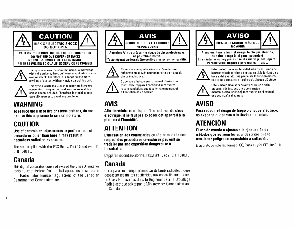 Caution, Avis, Aviso | Philips FW555C37 User Manual | Page 4 / 80