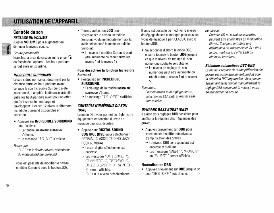 Contrôle du son, Utilisation de l'appareil | Philips FW555C37 User Manual | Page 40 / 80