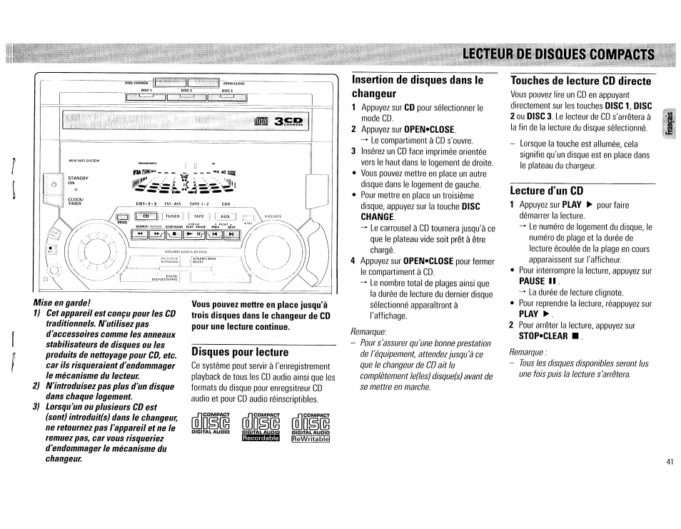 Disques pour lecture, Insertion de disques dans le changeur, Touches de lecture cd directe | Lecture d'un cd, Lecteur de disûues compacts | Philips FW555C37 User Manual | Page 41 / 80