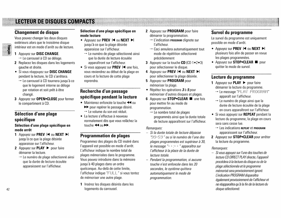 Changement de disque, Sélection d'une plage spécifique, Programmation de plages | Survol du programme, Lecture du programme, Lecteur de disques compacts | Philips FW555C37 User Manual | Page 42 / 80