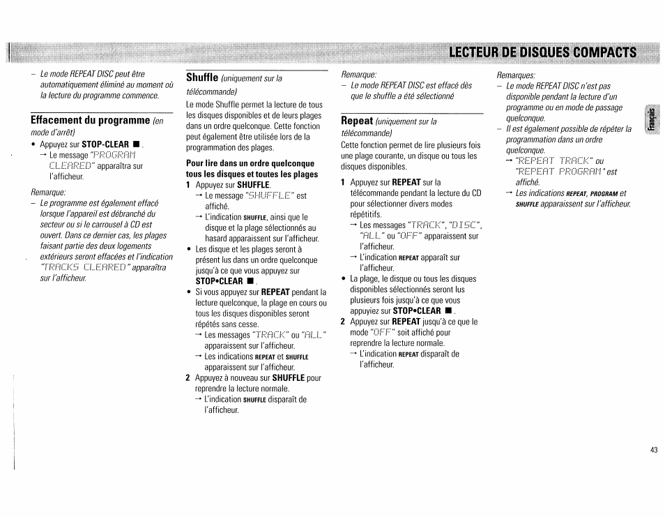 Effacement du programme (en, Lecteur de disques compacts, Effacement du programme | Shuffle | Philips FW555C37 User Manual | Page 43 / 80