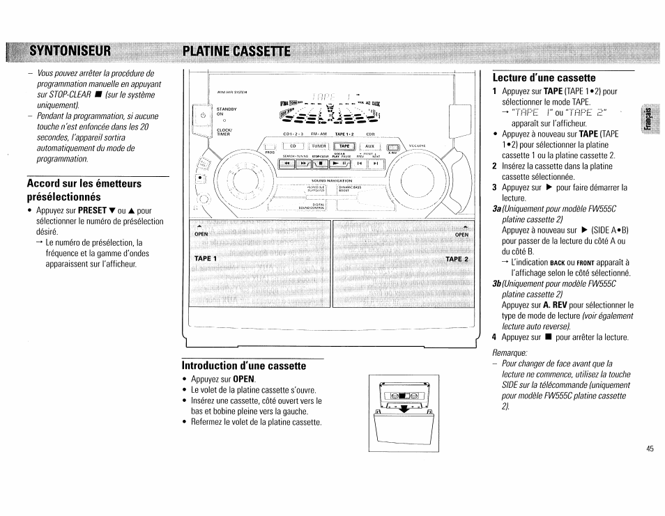 Platine cassette, Lecture d'une cassette, Âyntoniseur platine cassette | Accord sur les émetteurs présélectionnés, Introduction d'une cassette | Philips FW555C37 User Manual | Page 45 / 80