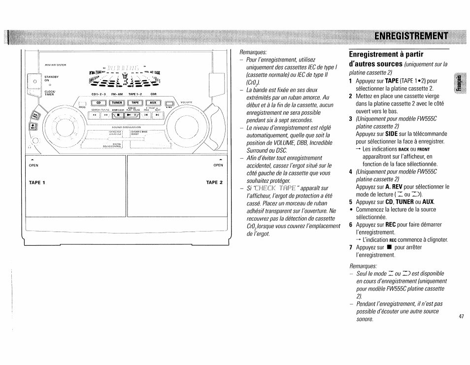 Enregistrement, Enregistrement à partir d'autres sources | Philips FW555C37 User Manual | Page 47 / 80