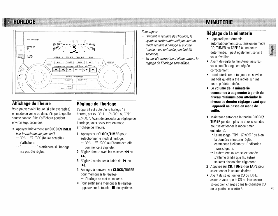 Minuterie, Affichage de l'heure, Réglage de l'horloge | Réglage de la minuterie, Horloge minuterie affichage de l'heure | Philips FW555C37 User Manual | Page 49 / 80