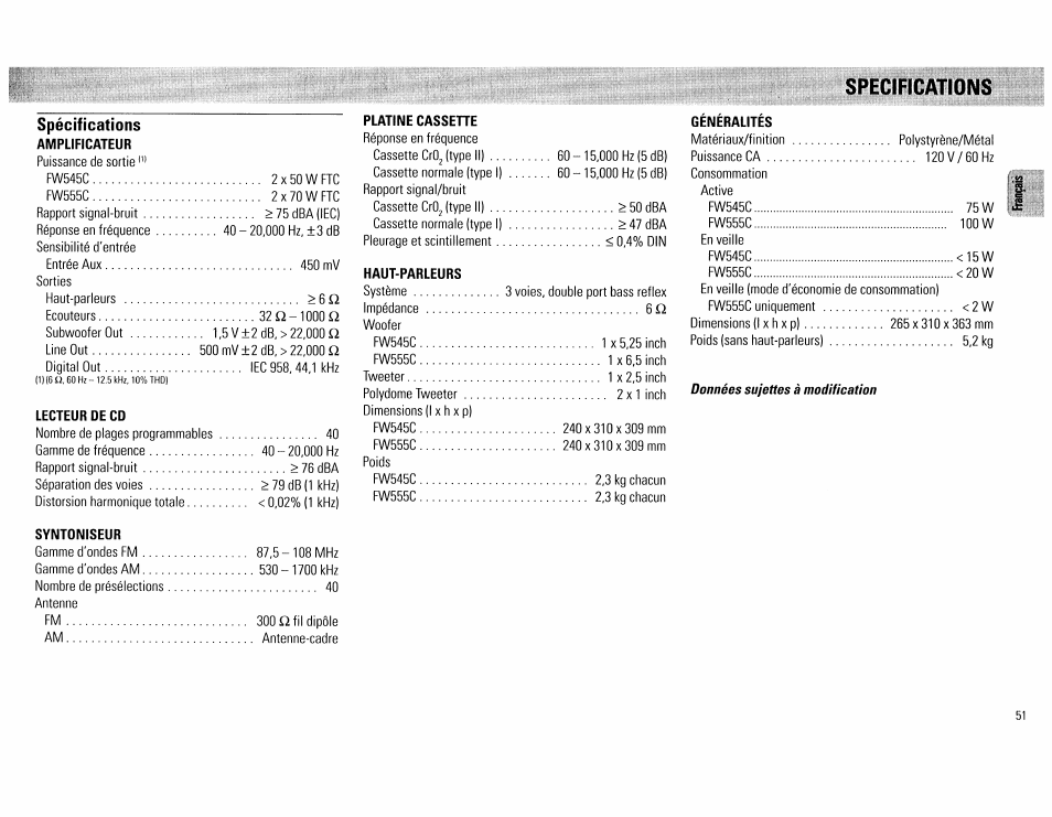 Specifications, Spécifications, Specifications spécifications | Philips FW555C37 User Manual | Page 51 / 80