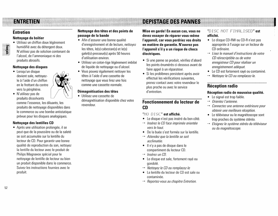 Entretien, Depistage des pannes, Fonctionnement du lecteur de cd | Réception radio, Entretien entretien | Philips FW555C37 User Manual | Page 52 / 80