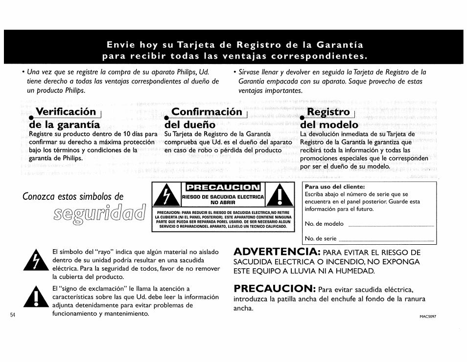 Verificación ¡ de la garantía, Confirmación | del dueño, Registro i del modelo | Advertencia, Precaucion, Conozca estos símbolos de | Philips FW555C37 User Manual | Page 54 / 80