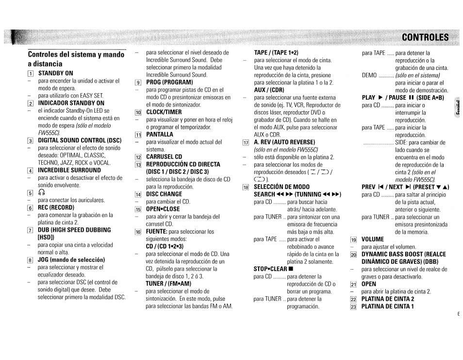 Controles del sistema y mando a distancia, Controles | Philips FW555C37 User Manual | Page 63 / 80