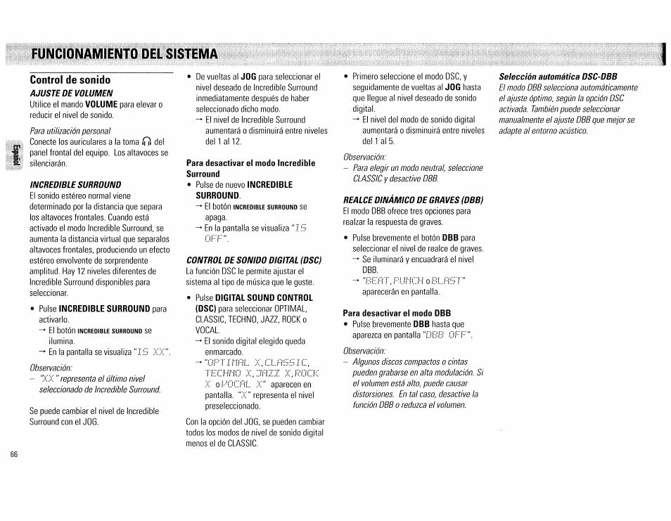 Control de sonido, Funcionamiento del sistema | Philips FW555C37 User Manual | Page 66 / 80