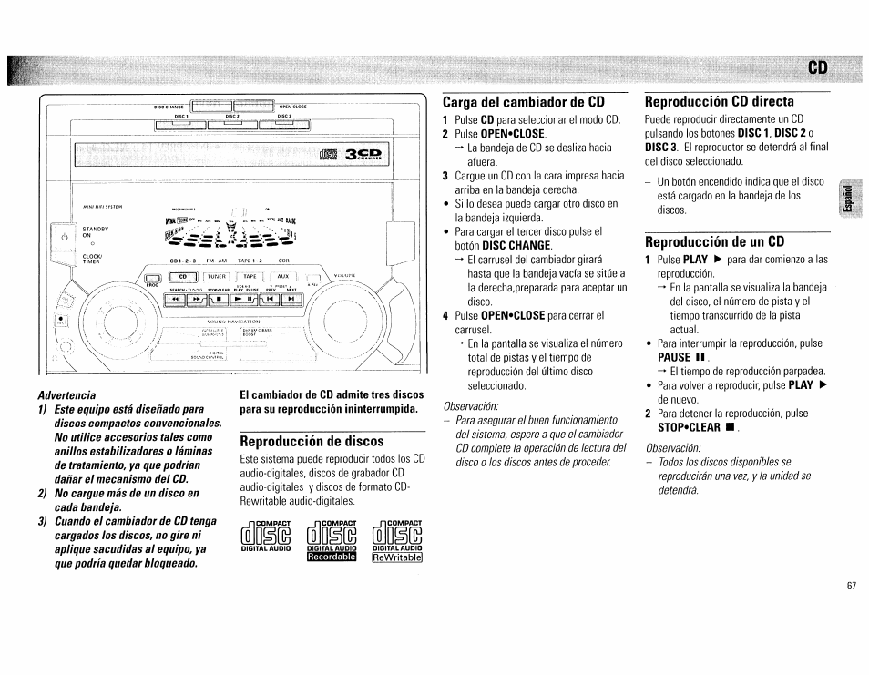 Reproducción de discos, Carga del cambiador de cd, Reproducción cd directa | Reproducción de un cd, Ids® (d | Philips FW555C37 User Manual | Page 67 / 80