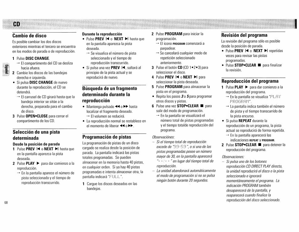 Cambio de disco, Selección de una pista determinada, Programación de pistas | Revisión del programa, Reproducción del programa | Philips FW555C37 User Manual | Page 68 / 80