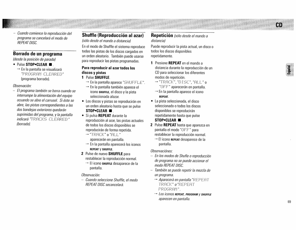 Shuffie (reproducción al azar), Borrado de un programa, Repetición | Philips FW555C37 User Manual | Page 69 / 80