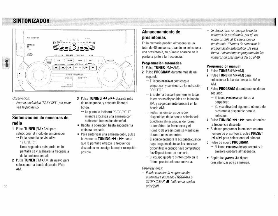 Sintonizador, Sintonización de emisoras de radio, Almacenamiento de presintonías | Philips FW555C37 User Manual | Page 70 / 80