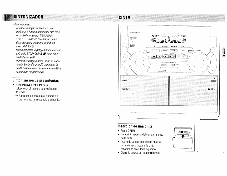 Sintonizador, Cinta, Sintonización de presintonías | Inserción de una cinta | Philips FW555C37 User Manual | Page 71 / 80