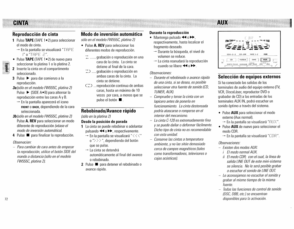 Cinta, Reproducción de cinta, Modo de inversión automática | Rebobinado/avance rápido, Selección de equipos externos, Cinta aux reproducción de cinta | Philips FW555C37 User Manual | Page 72 / 80