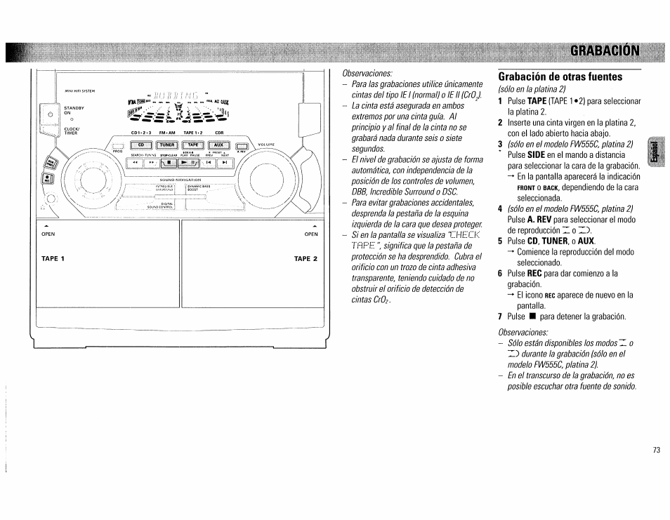 Grabación de otras fuentes | Philips FW555C37 User Manual | Page 73 / 80