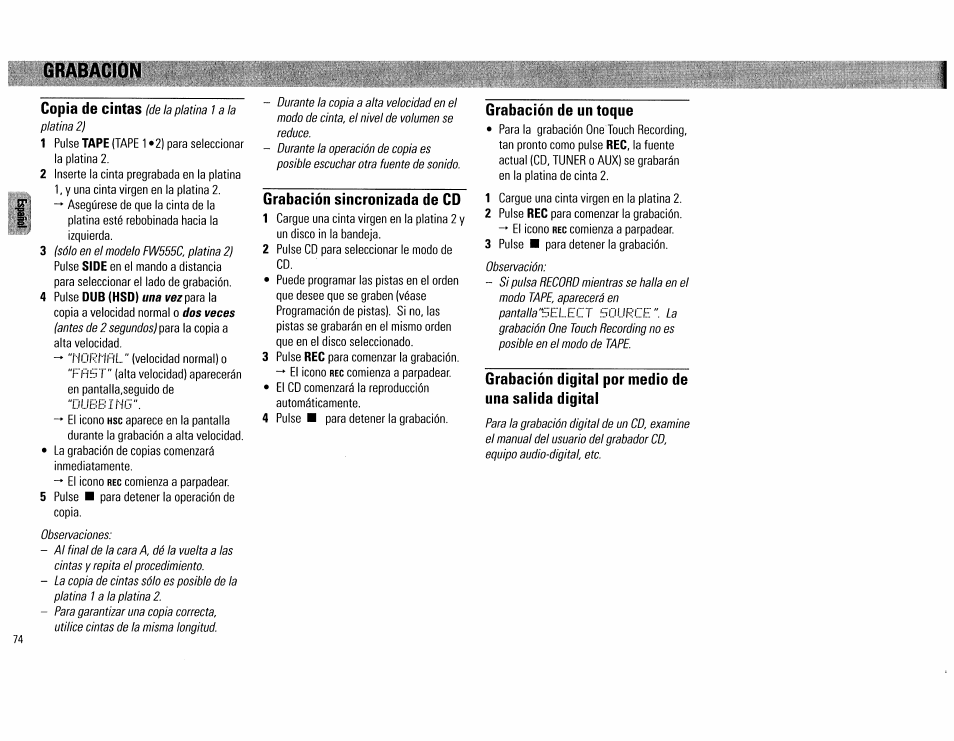 Grabación sincronizada de cd, Grabación de un toque, Grabación digital por medio de una salida digital | Copia de cintas | Philips FW555C37 User Manual | Page 74 / 80