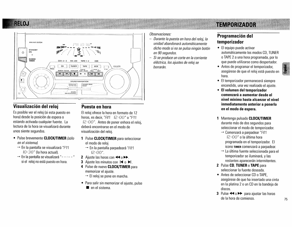 Temporizador, Visualización del reloj, Puesta en hora | Programación del temporizador | Philips FW555C37 User Manual | Page 75 / 80