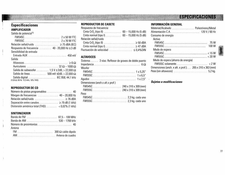 Especificaciones | Philips FW555C37 User Manual | Page 77 / 80