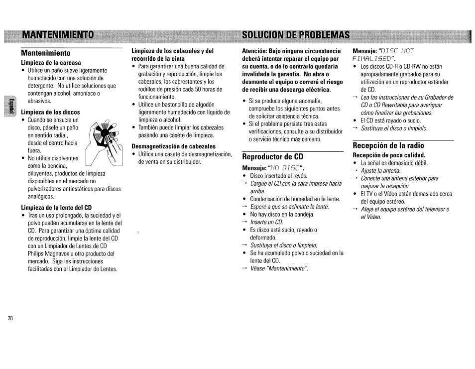 Mantenimiento solucion de problemas, Mantenimiento, Reproductor de cd | Rocopclón do la radio, T .1. n, I btu, Mantenimiento solucion de problemas mantenimiento | Philips FW555C37 User Manual | Page 78 / 80