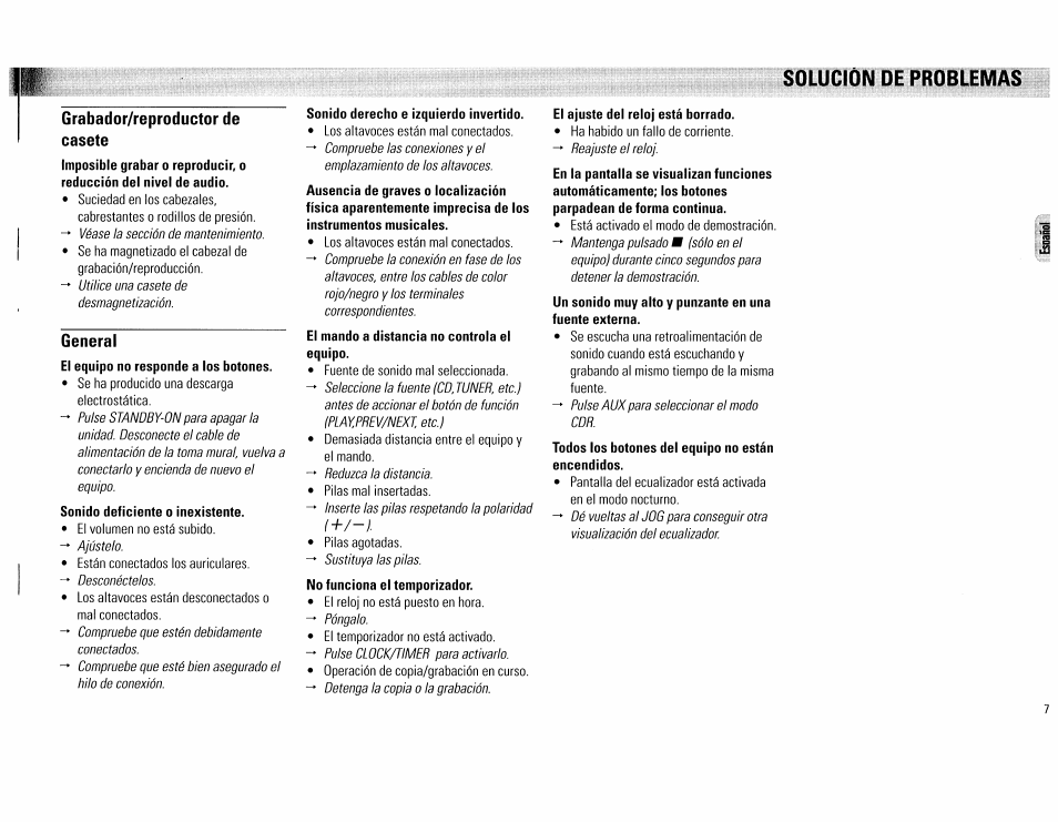 Solucion de problemas, Grabador/reproductor de casete, General | Philips FW555C37 User Manual | Page 79 / 80