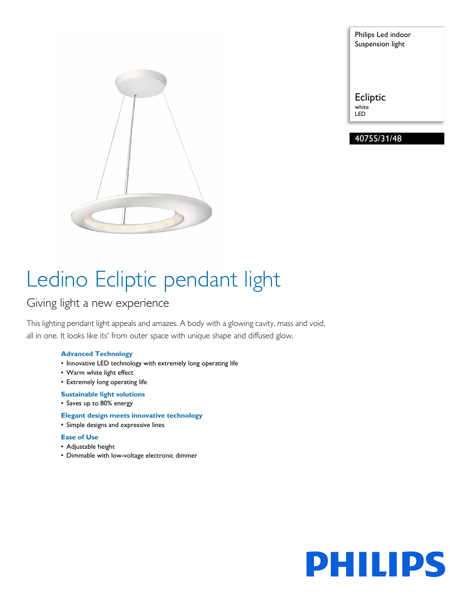 Philips Led indoor Suspension light 40755-31-48 Ecliptic white LED User Manual | 2 pages