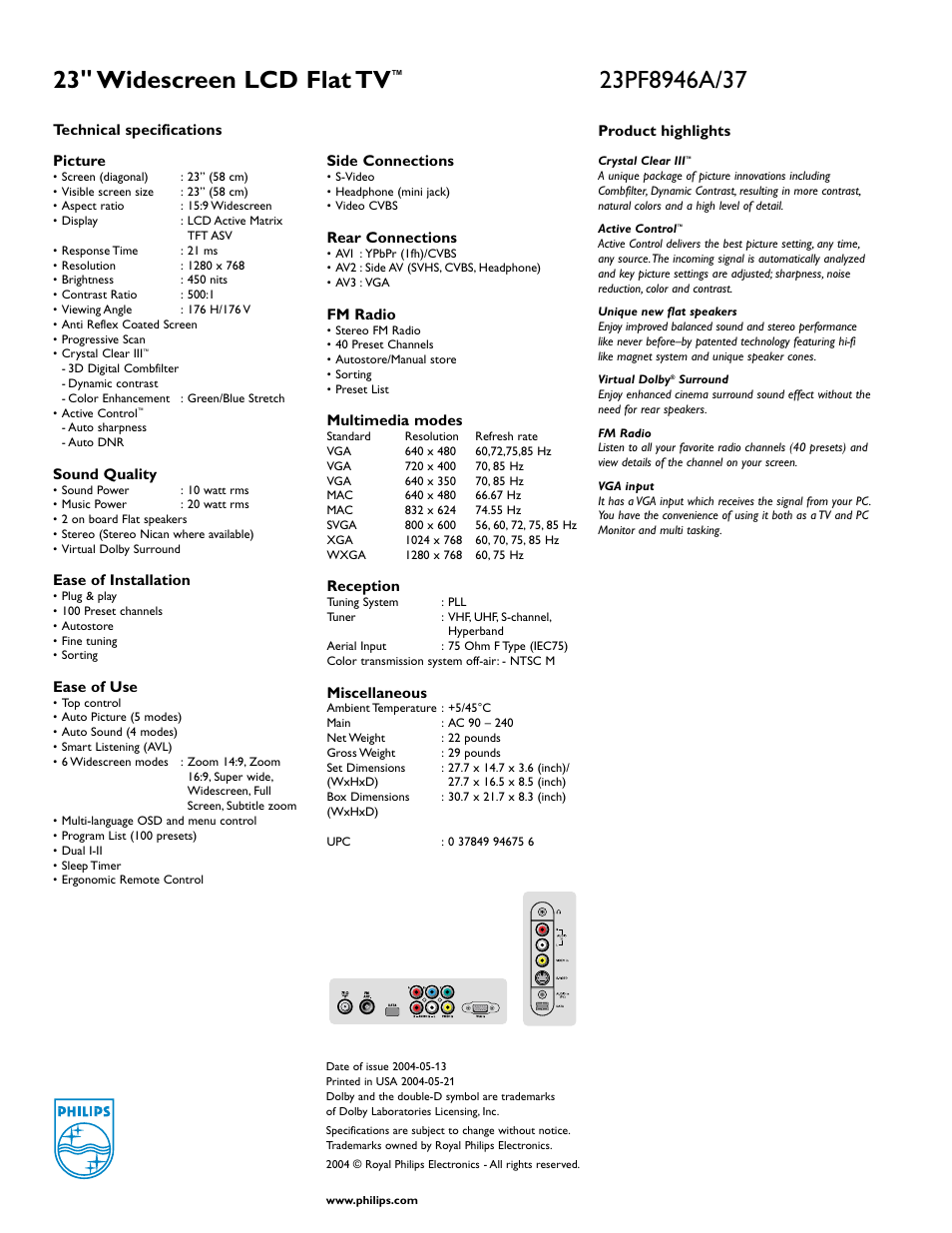 23" widescreen lcd flat tv | Philips 23PF8946A-37 User Manual | Page 2 / 2