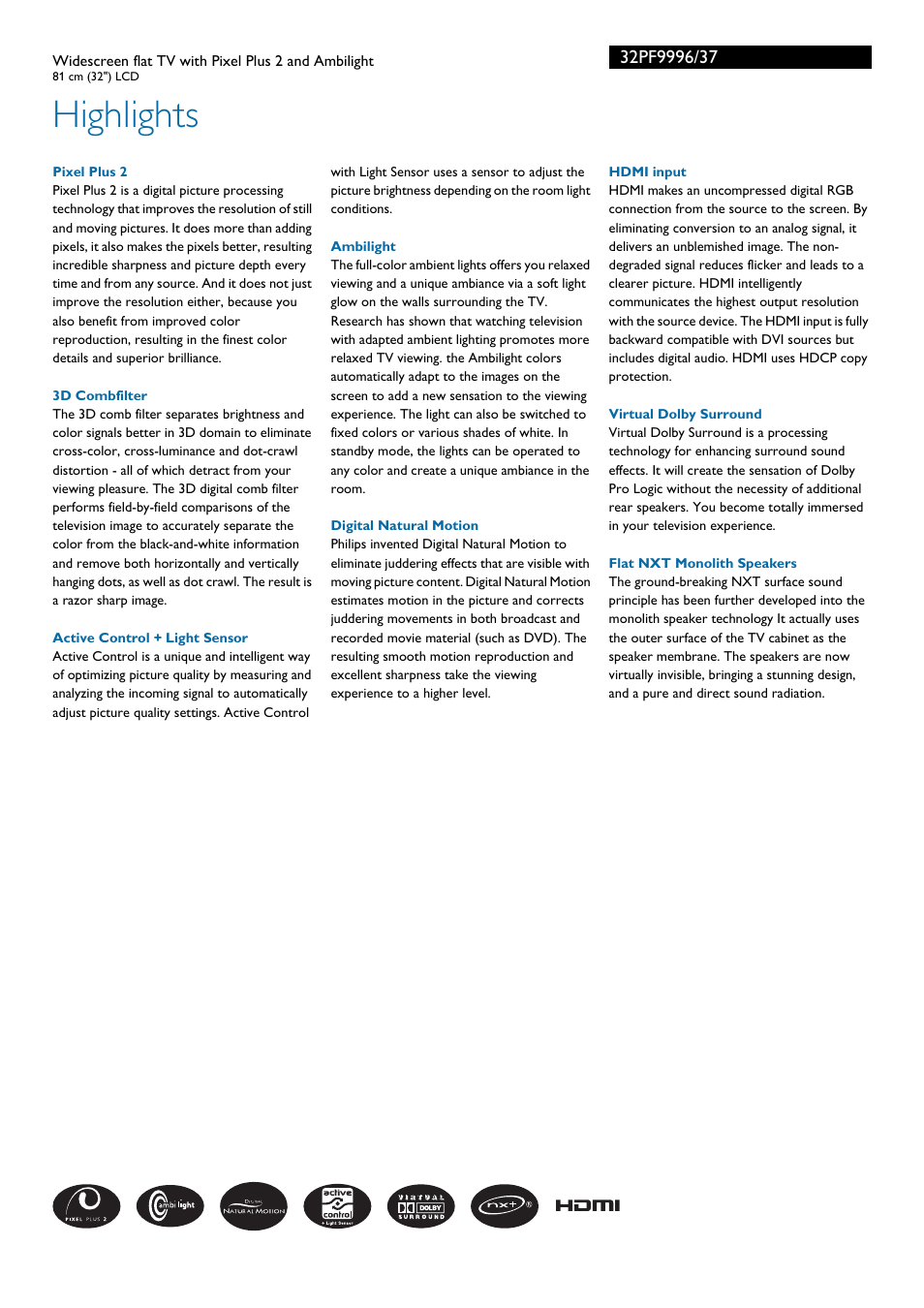 Highlights | Philips 32PF9996-37 User Manual | Page 2 / 3