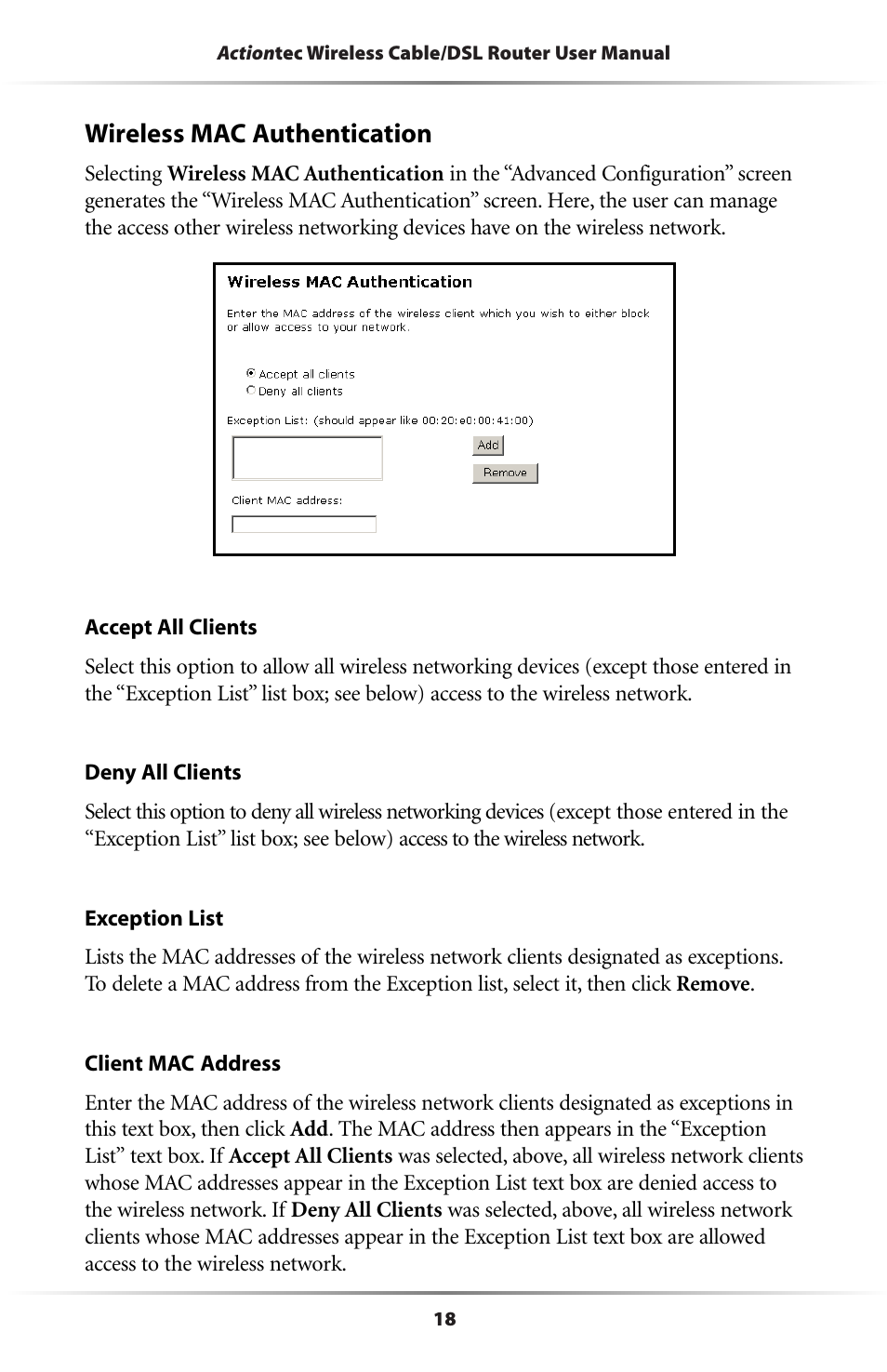Wireless mac authentication | Actiontec electronic GE344000-01 User Manual | Page 21 / 87