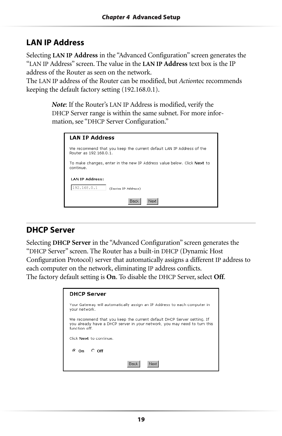 Lan ip address, Dhcp server | Actiontec electronic GE344000-01 User Manual | Page 22 / 87