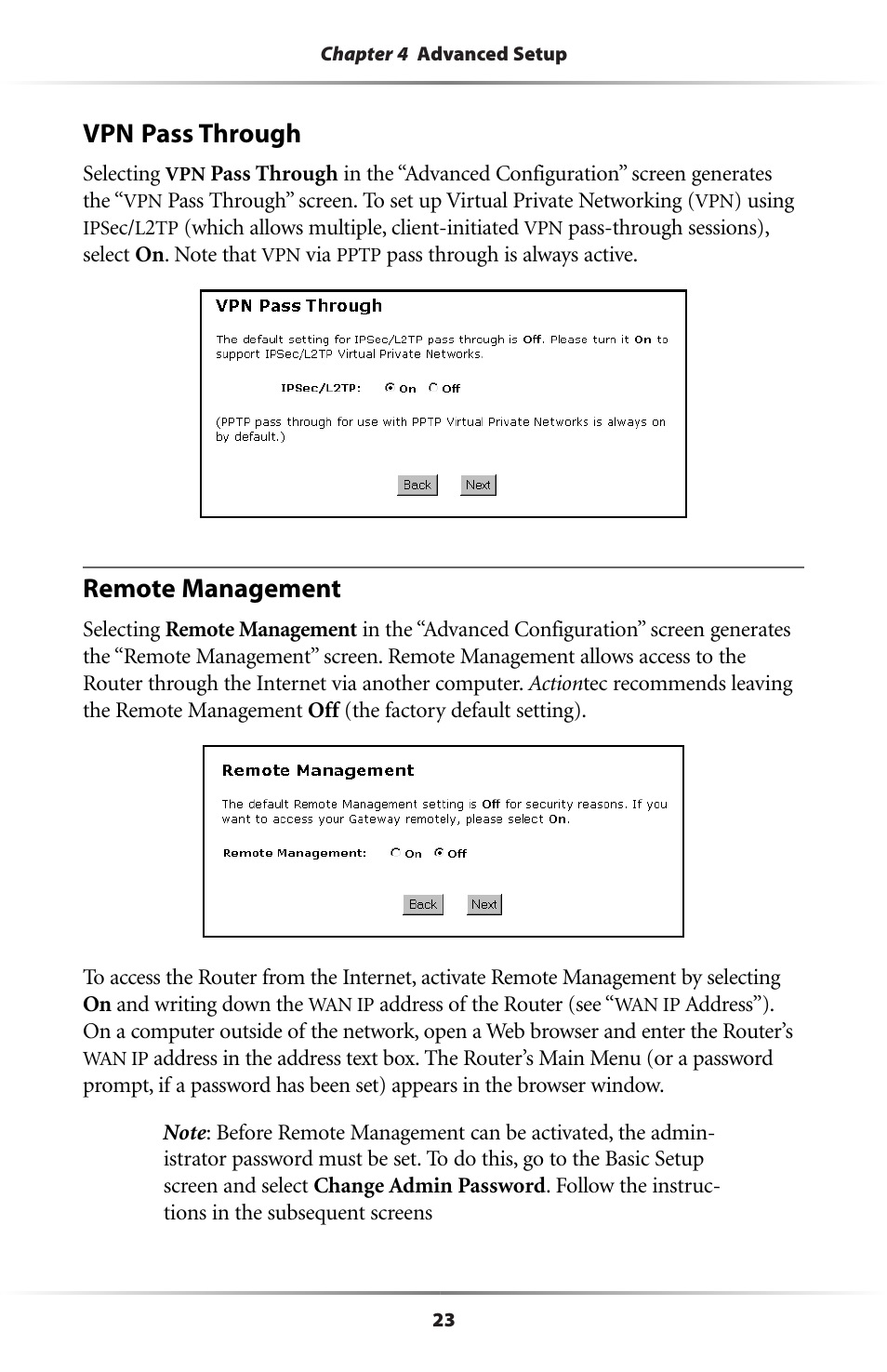 Vpn pass through, Remote management | Actiontec electronic GE344000-01 User Manual | Page 26 / 87