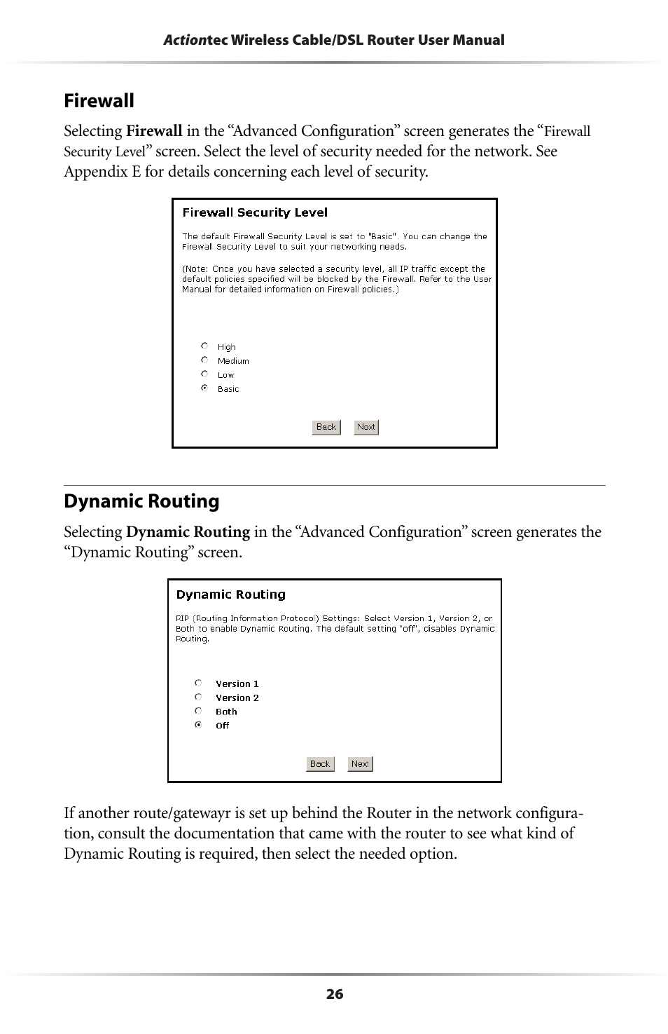 Firewall, Dynamic routing | Actiontec electronic GE344000-01 User Manual | Page 29 / 87