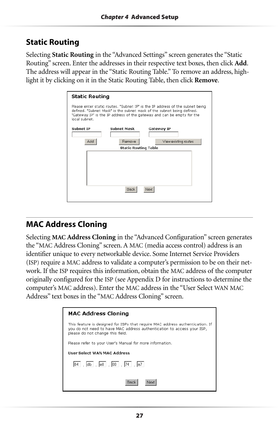 Static routing, Mac address cloning | Actiontec electronic GE344000-01 User Manual | Page 30 / 87