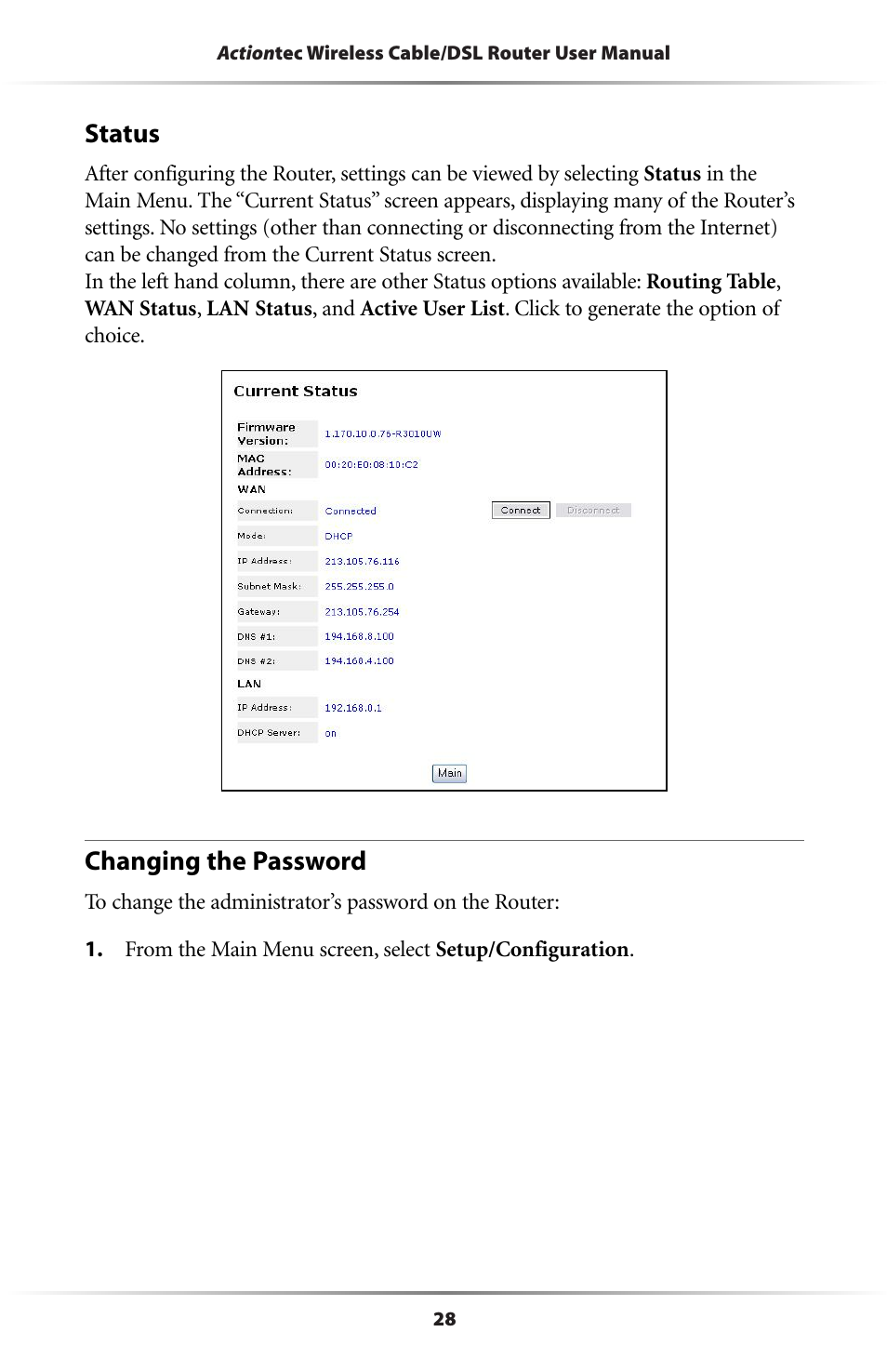 Status, Changing the password | Actiontec electronic GE344000-01 User Manual | Page 31 / 87