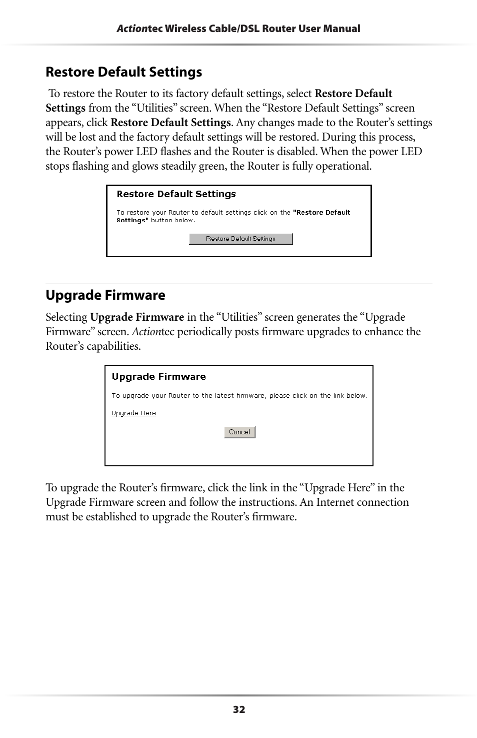 Restore default settings, Upgrade firmware | Actiontec electronic GE344000-01 User Manual | Page 35 / 87