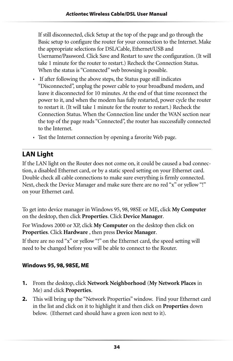 Lan light | Actiontec electronic GE344000-01 User Manual | Page 37 / 87