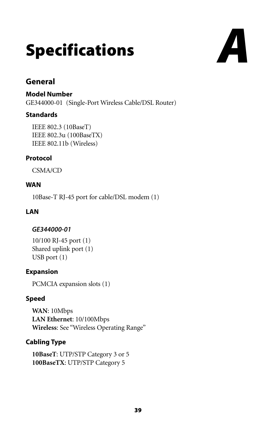 Specifications | Actiontec electronic GE344000-01 User Manual | Page 42 / 87