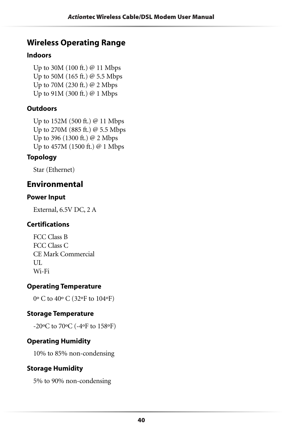 Wireless operating range, Environmental | Actiontec electronic GE344000-01 User Manual | Page 43 / 87