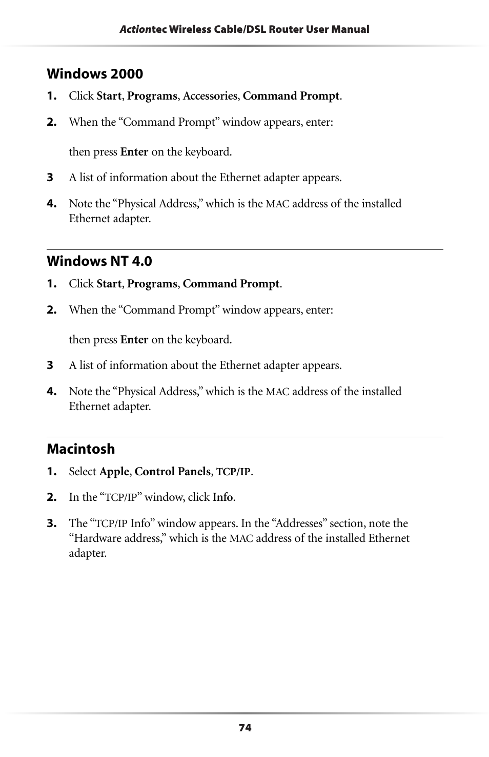 Windows 2000, Windows nt 4.0, Macintosh | Actiontec electronic GE344000-01 User Manual | Page 77 / 87