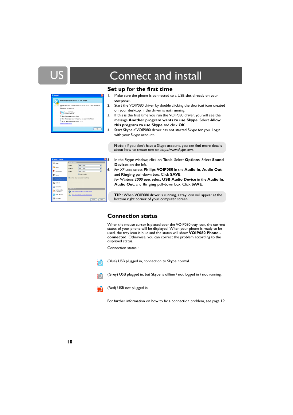 Set up for the first time, Connection status, Connect and install | Philips VOIP0801B-37 User Manual | Page 10 / 26