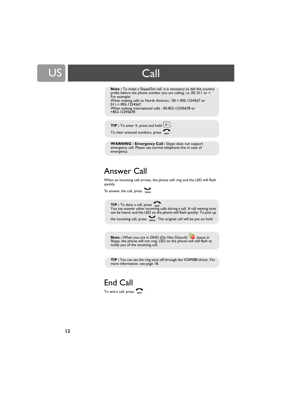 Answer call, End call, Call | Philips VOIP0801B-37 User Manual | Page 12 / 26