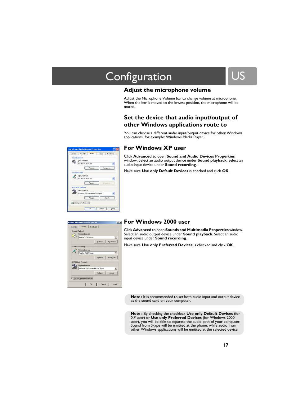 Adjust the microphone volume, For windows xp user, For windows 2000 user | Configuration | Philips VOIP0801B-37 User Manual | Page 17 / 26