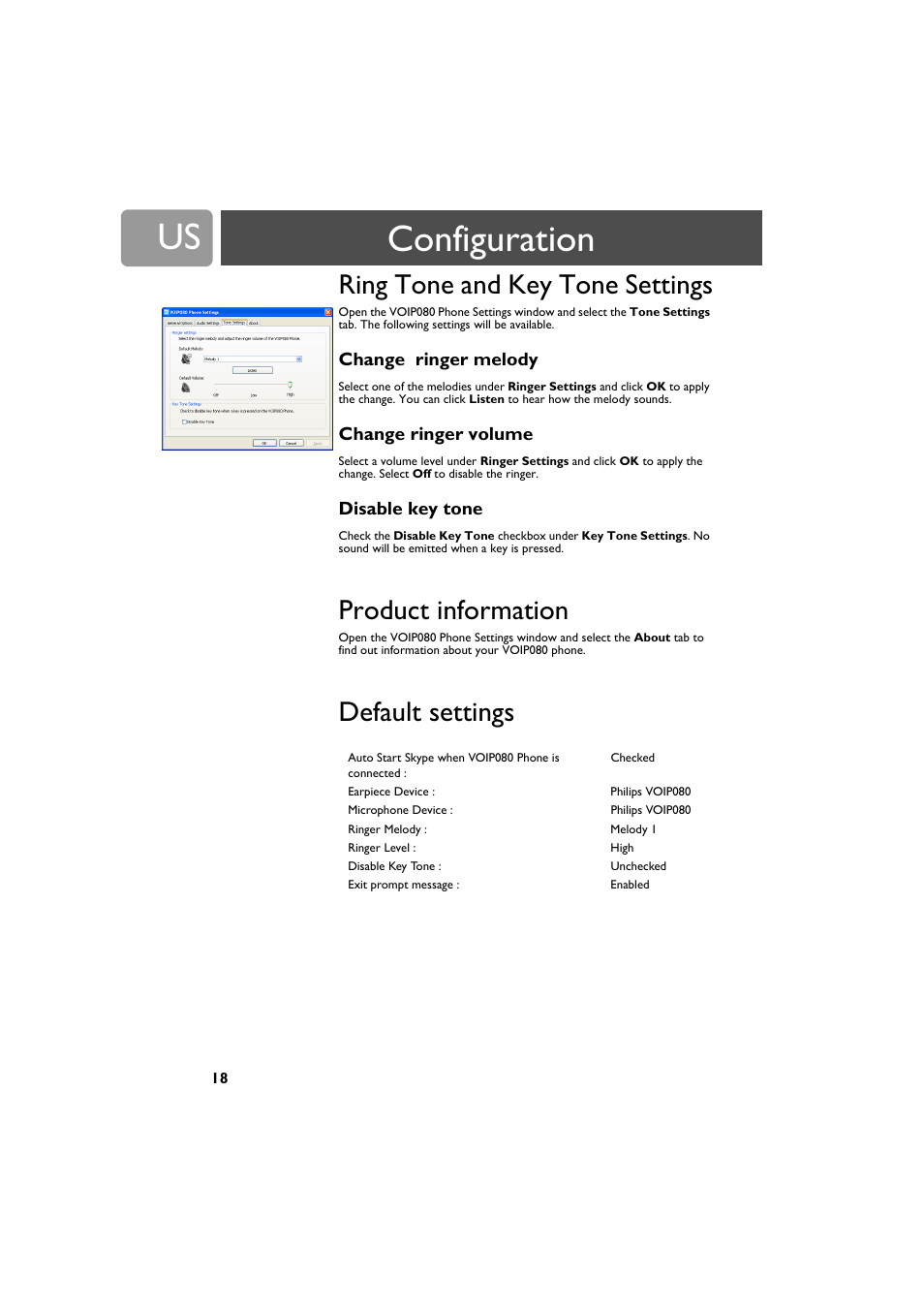 Ring tone and key tone settings, Change ringer melody, Change ringer volume | Disable key tone, Product information, Default settings, Configuration | Philips VOIP0801B-37 User Manual | Page 18 / 26