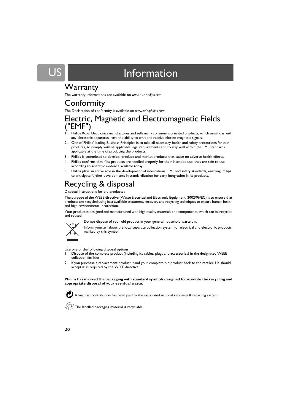 Information, Warranty, Conformity | Recycling & disposal | Philips VOIP0801B-37 User Manual | Page 20 / 26